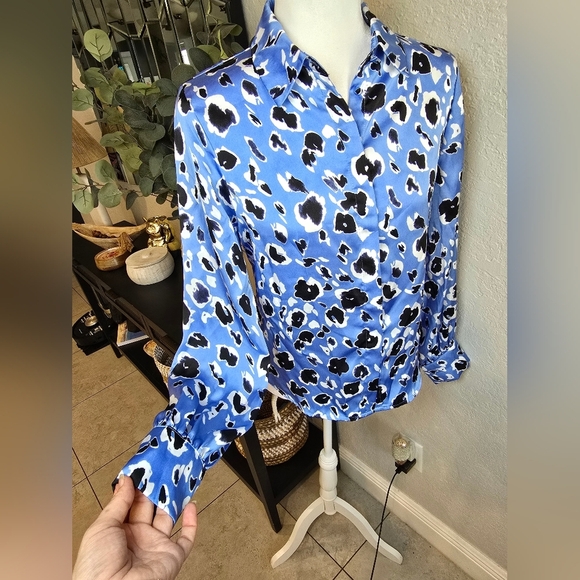 Zara Women's S Animal Print Button-Up Shirt Satin Effect, Black Blue White S - Picture 4 of 6